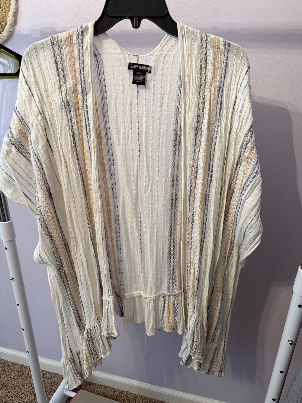 Steve Madden Cream Open-Front Striped Knit Cardigan with yellow & Gray Accents